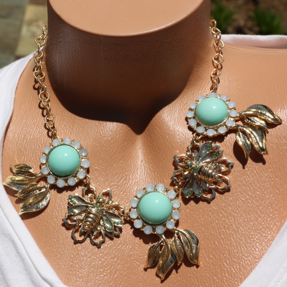 Boho Necklace Turquoise Gold Bling Statement New!
